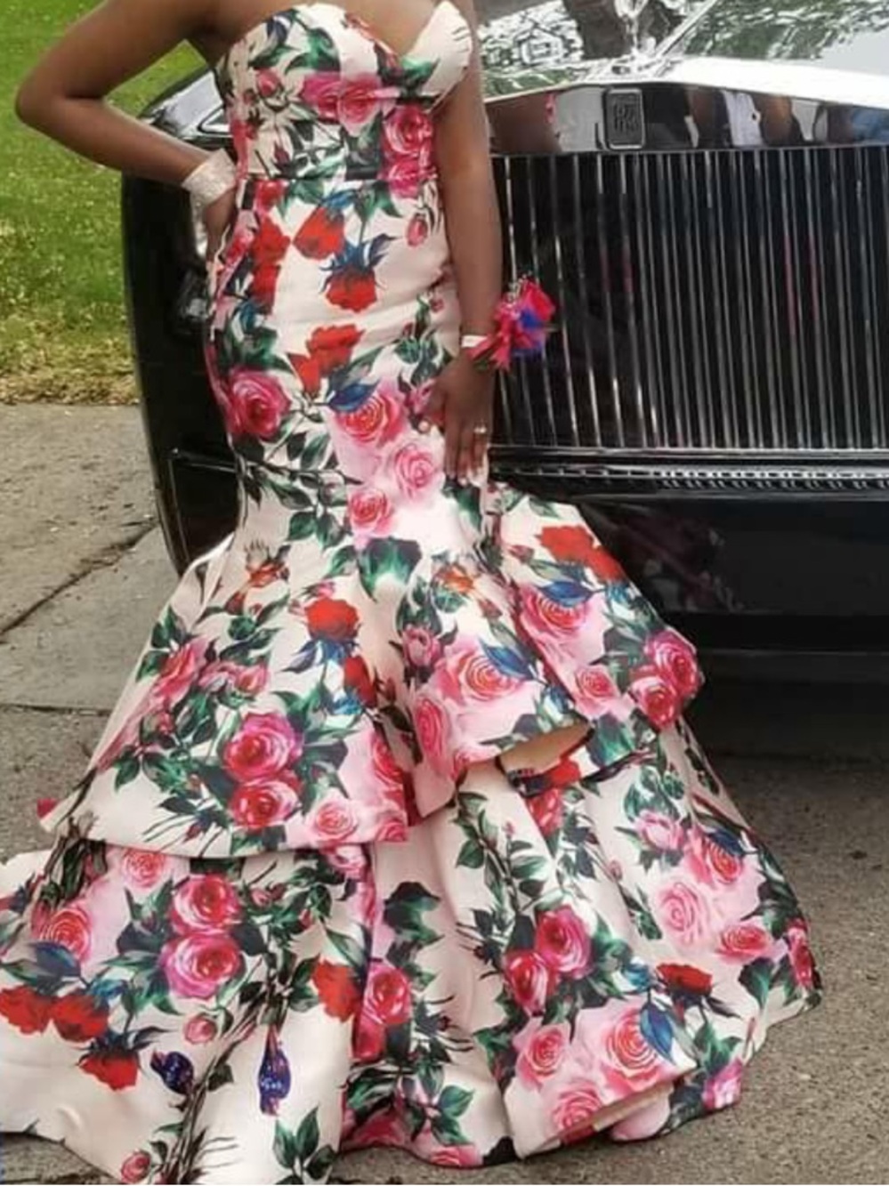 Strapless Floral Mermaid Gown in Pink & Red